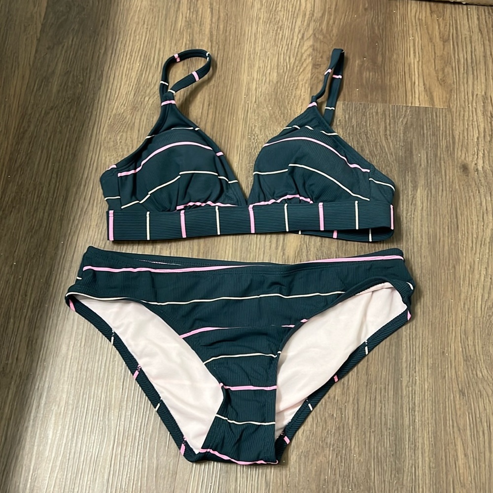 KONA SOL Green Ribbed Stripe Swim Bikini Set